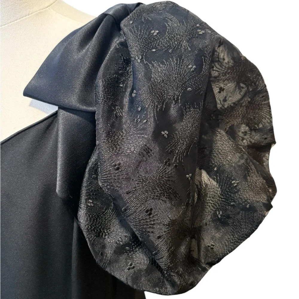 VTG 80s 90s Whimsigoth Puff Sleeve Bow Accents Black Formal Dress Womens Medium - Picture 4 of 12